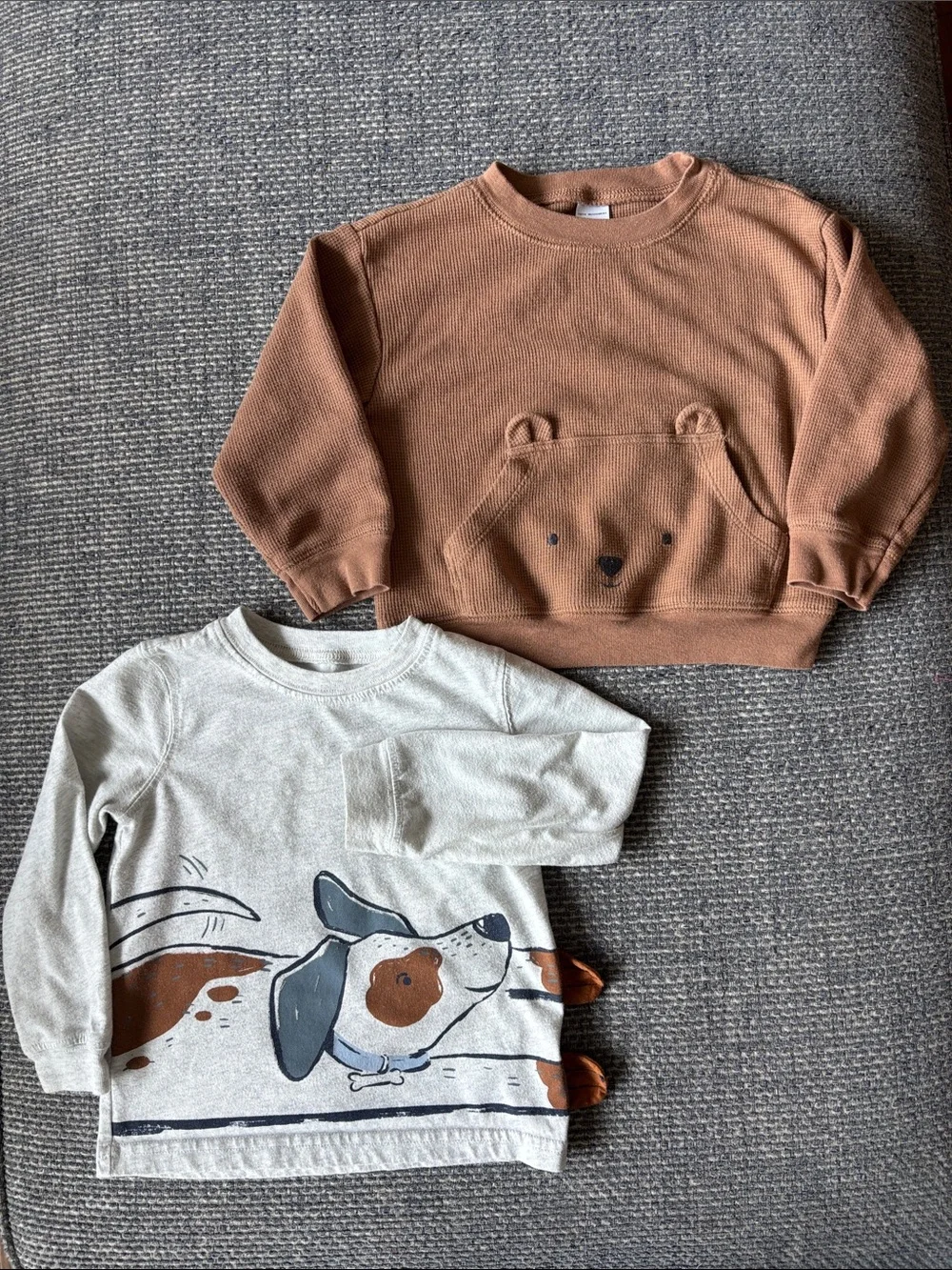 Carter's LS Brown Bear Pocket Thermal Tee & LS Cream Dog Print Tee Set | Sz 24M